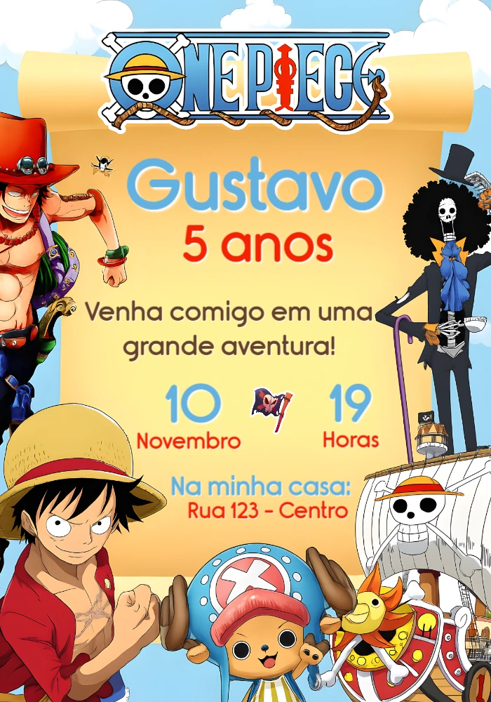 Convite de Aniversário One Piece com Personagens para Editar
