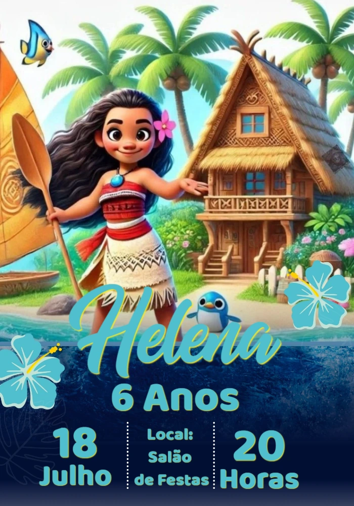 Convite de Aniversário Moana Tropical para Editar Online