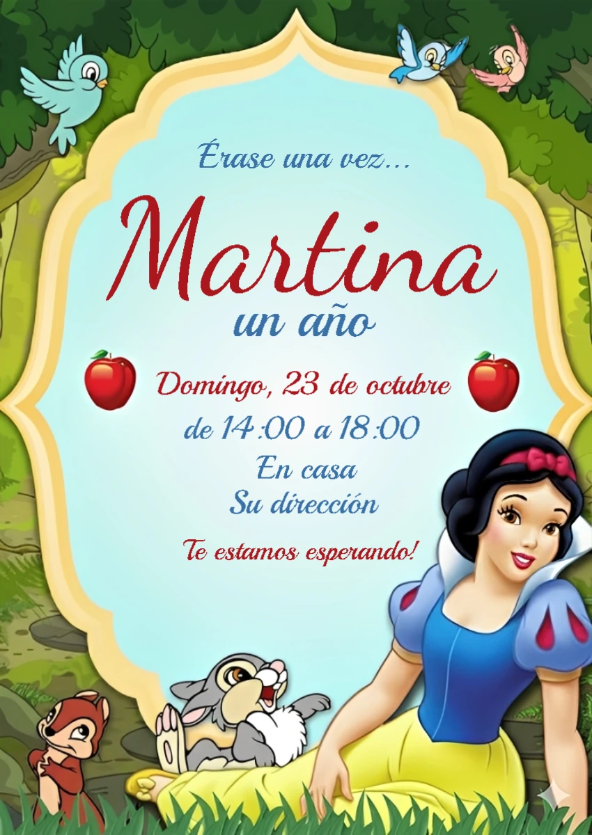 Invitación de Cumpleaños de Blancanieves para Editar Online