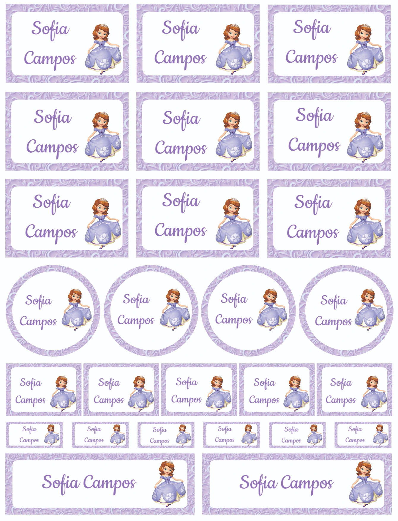 Kit de Etiquetas Escolares Princesa Sofia Lilás para Editar