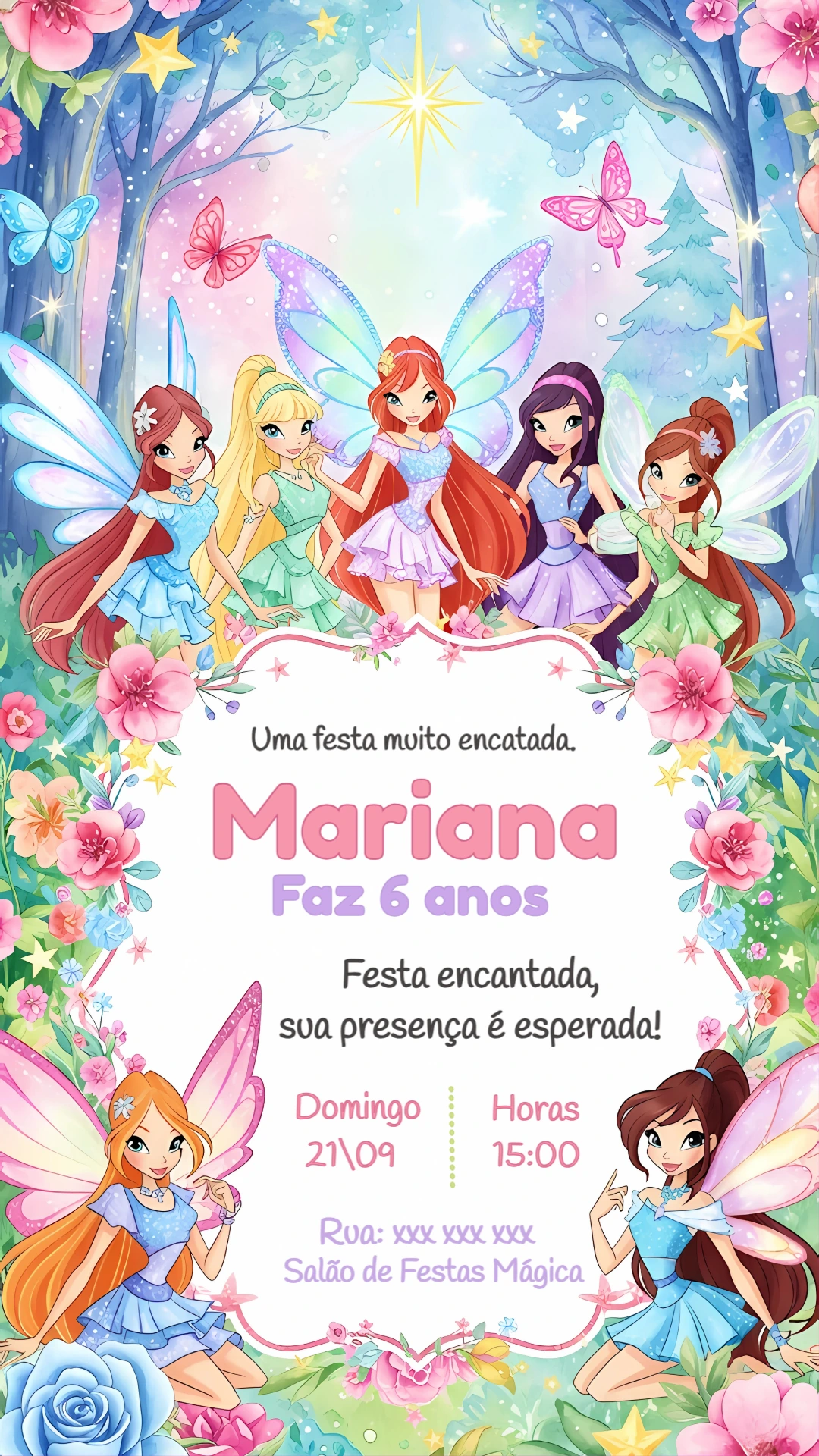Convite Aniversário Clube das Winx para Editar Online