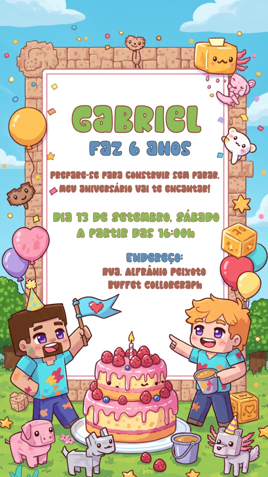 Convite de Aniversário Minecraft Fofo para Editar Online