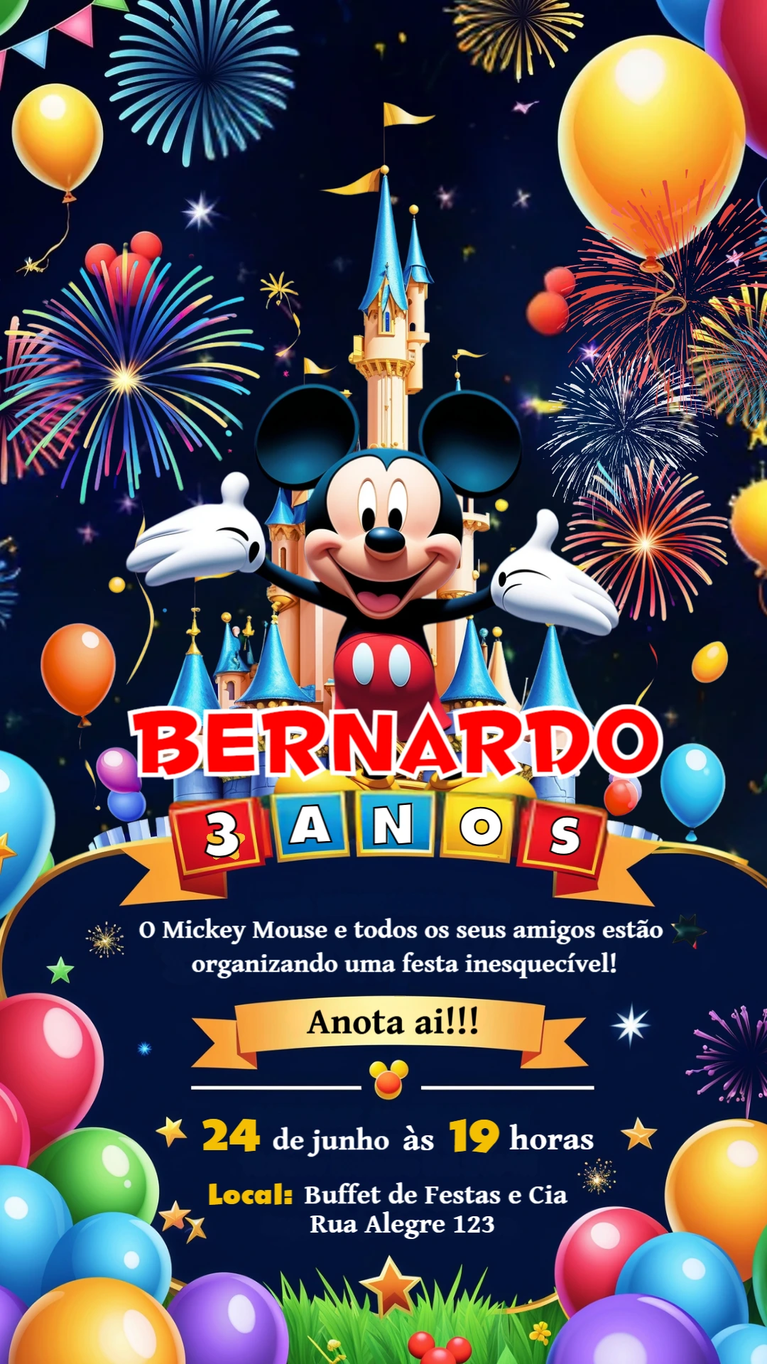 Convite Digital Festa do Mickey com Fogos de Artifício Editável