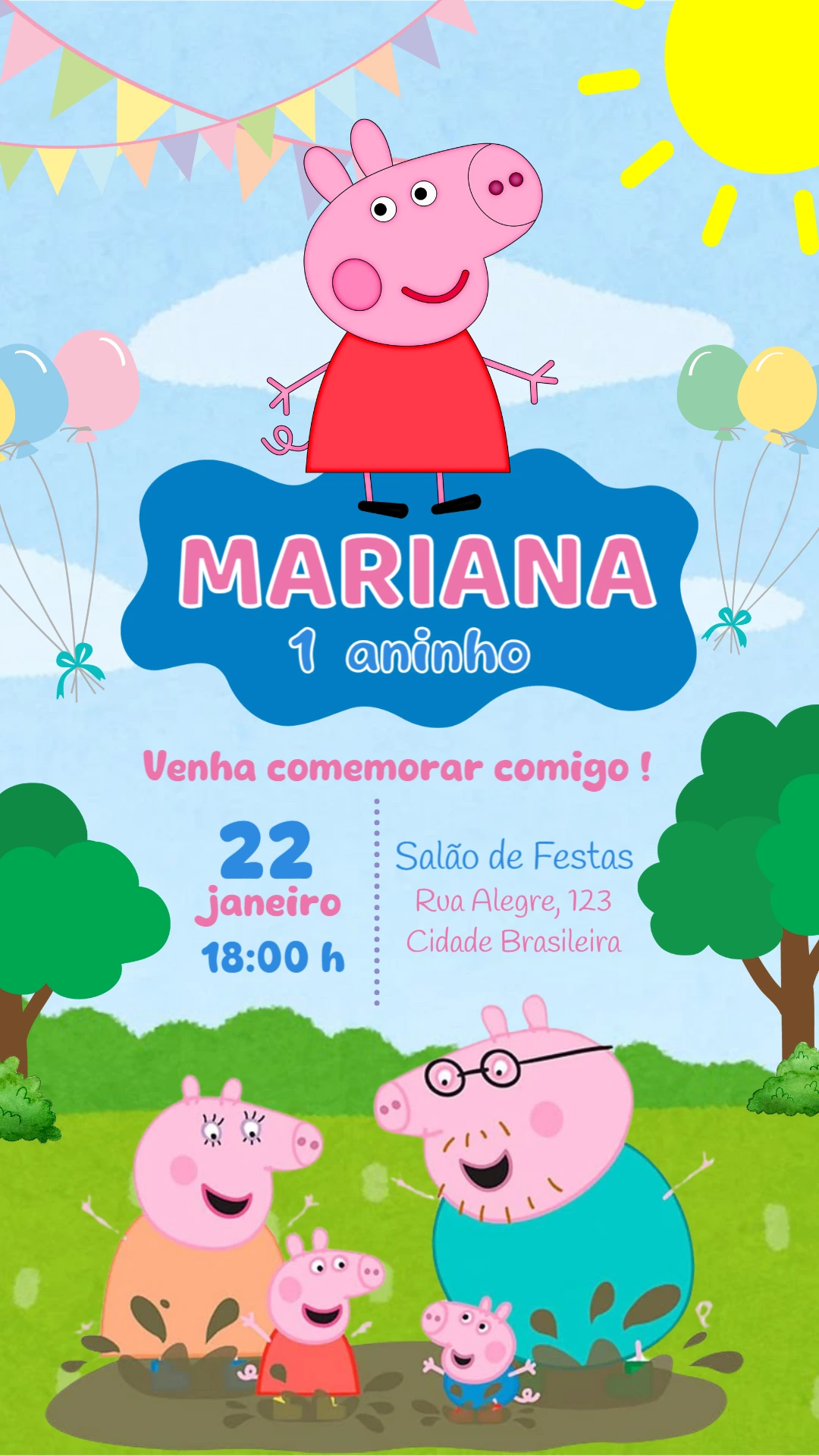 Convite Animado Aniversário Peppa Pig para Editar Online