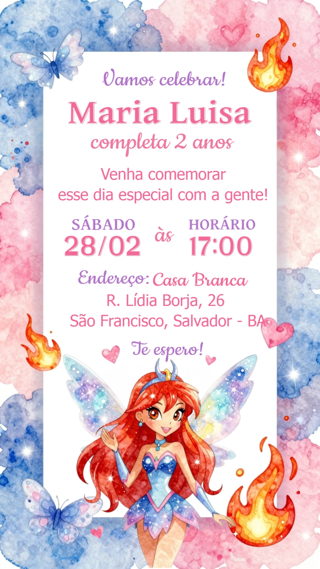 Convite de Aniversário Fada Mágica Aquarela para Editar