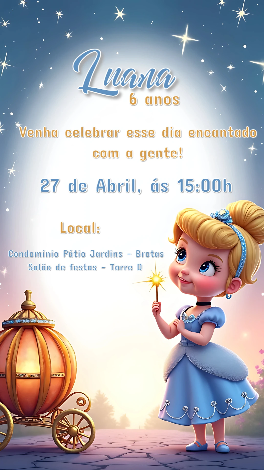 Convite Aniversário Cinderela Princesa para Editar Online
