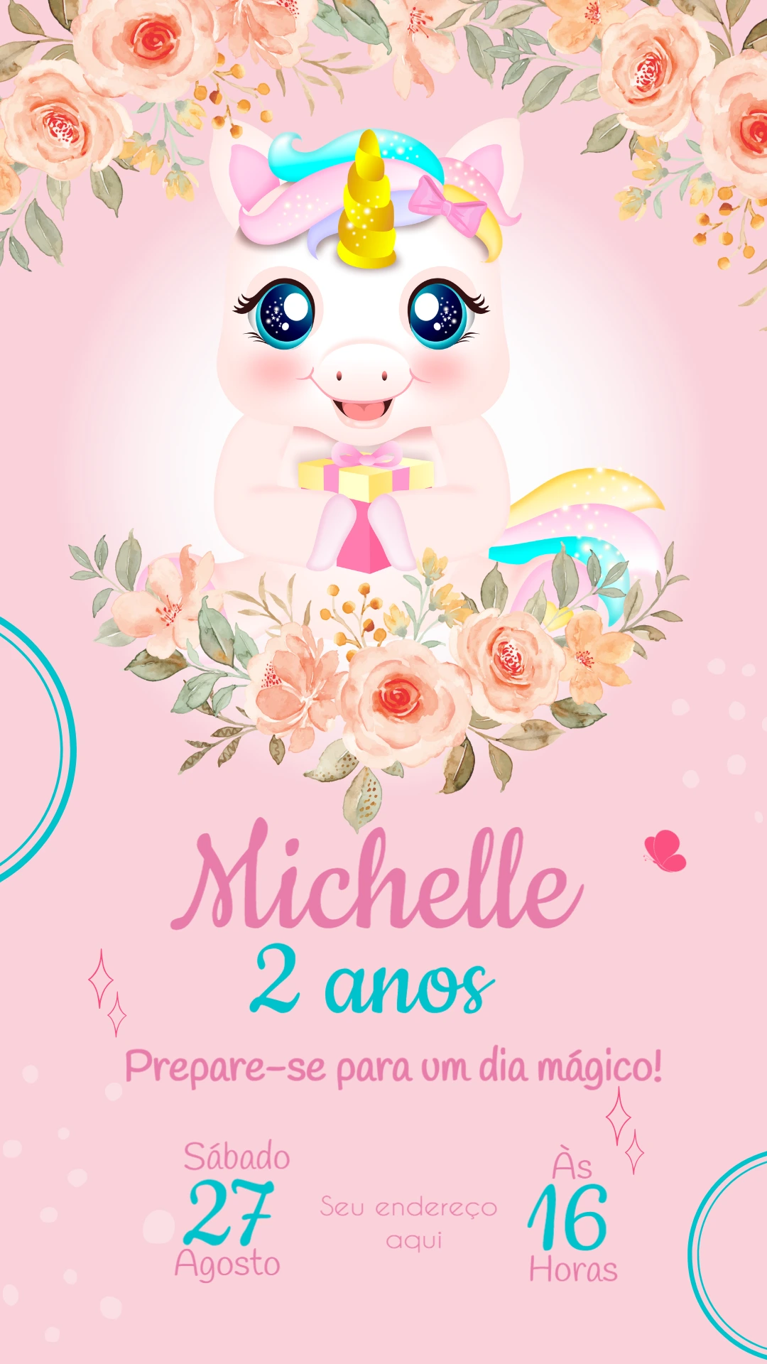 Convite Aniversário Unicórnio Fofo para Editar Online