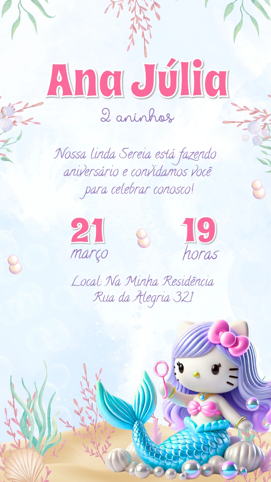 Convite de Aniversário Hello Kitty Sereia Modelo Editável