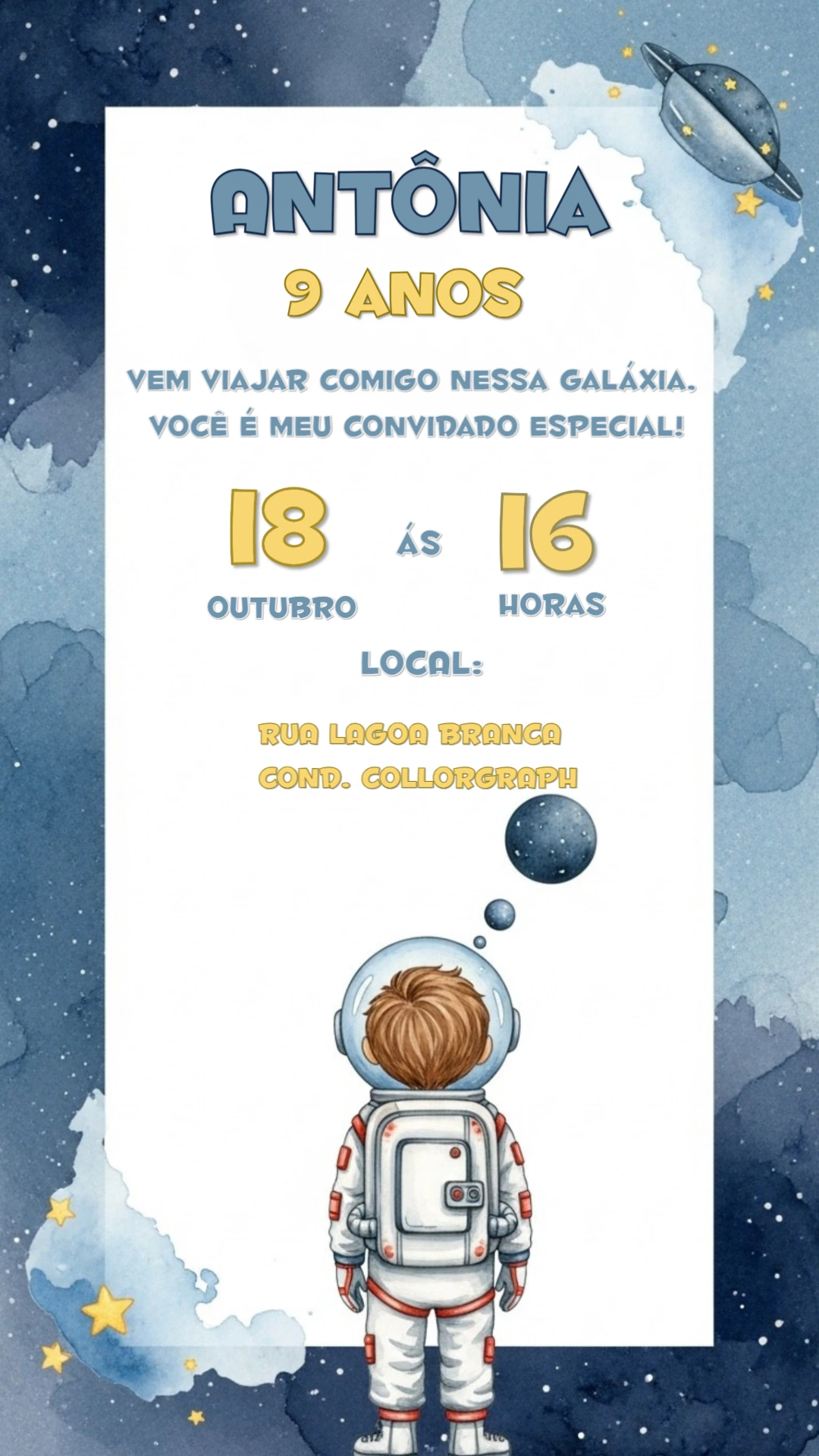 Convite de Aniversário Astronauta para Editar Online