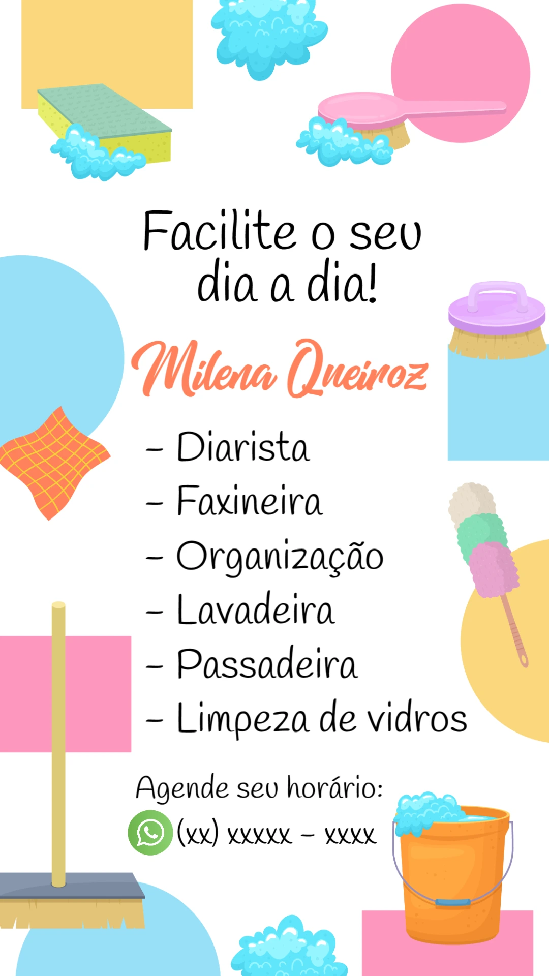 Cartão de Visita Faxineira Diarista Colorido para Editar