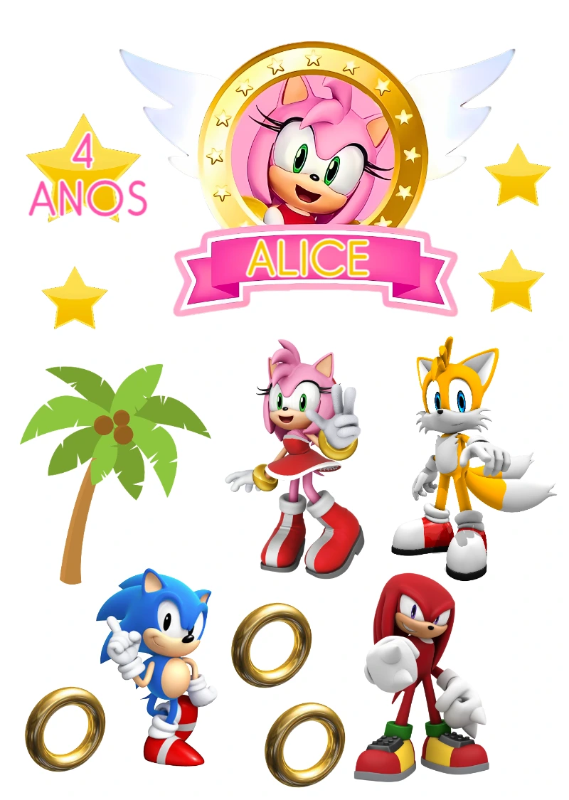 Kit Topper de Bolo Sonic Rose e Amigos Editável para Imprimir