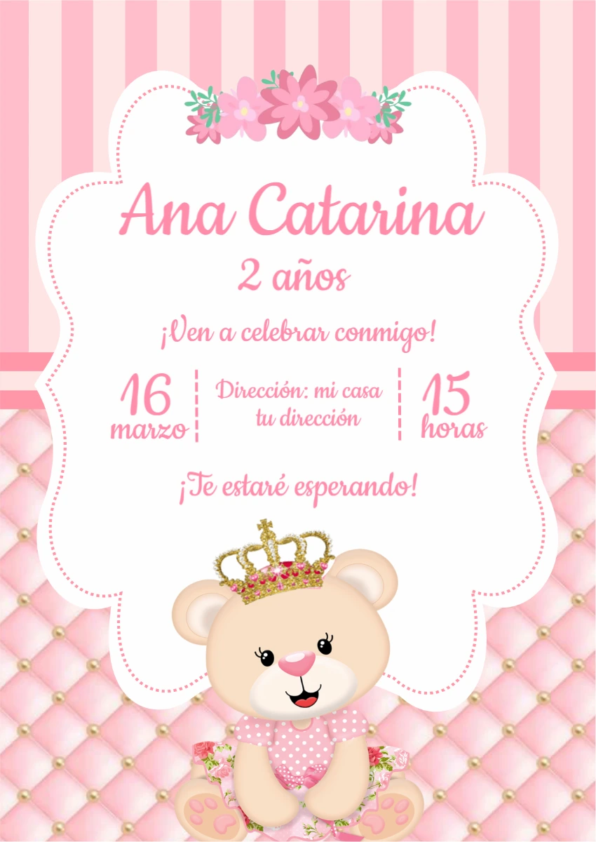 Invitación de Cumpleaños Osita Princesa Rosa para Editar