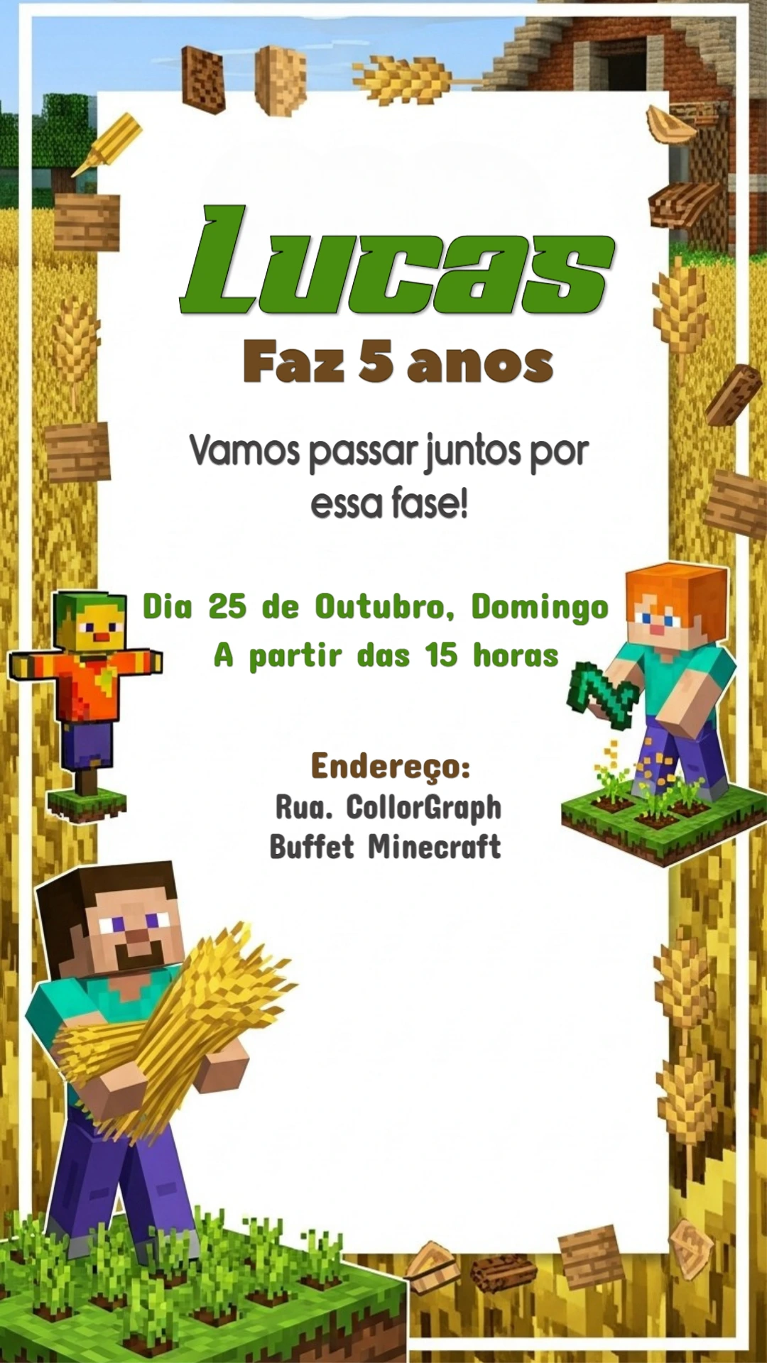Convite de Aniversário Minecraft com Personagens para Editar