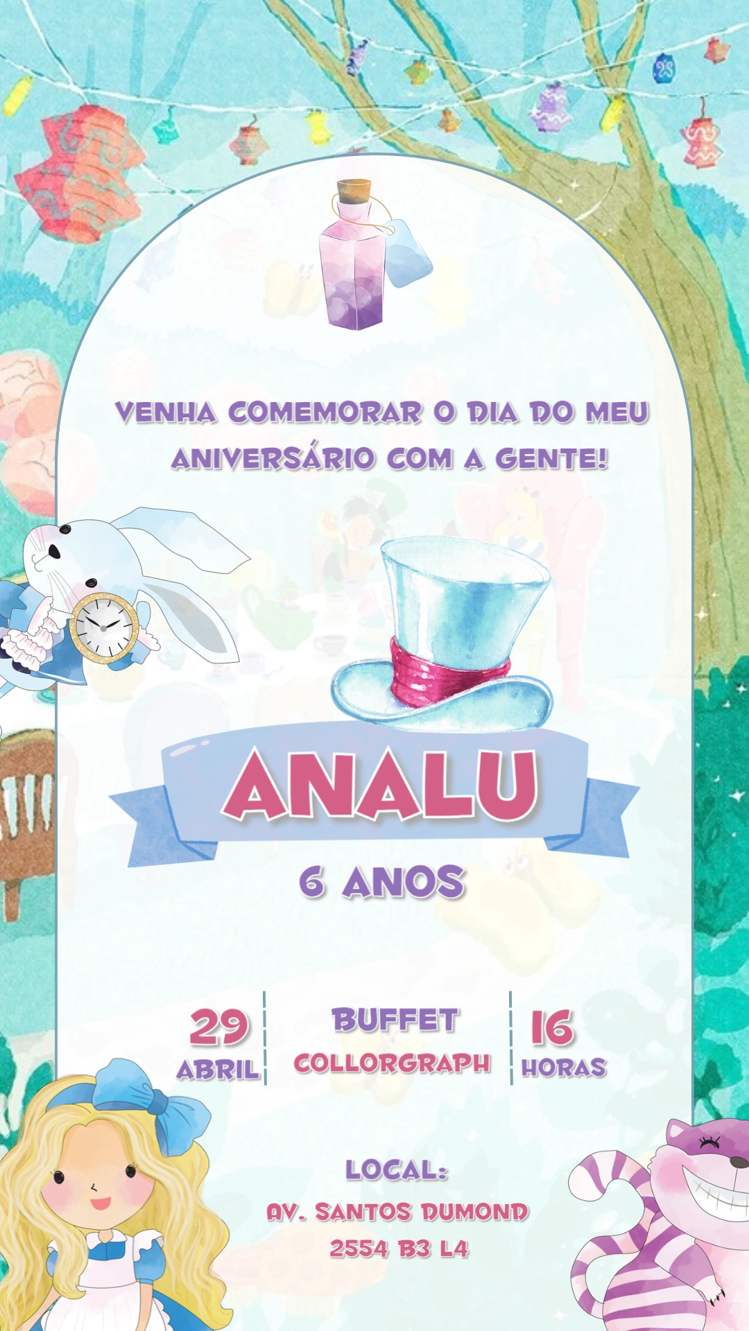 Convite de Aniversário Alice no País das Maravilhas para Editar