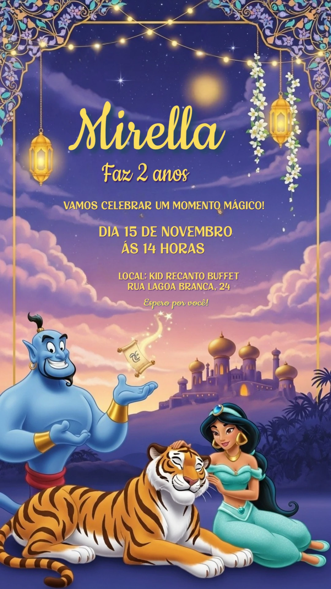 Convite Aniversário Jasmine e Gênio para Editar Online