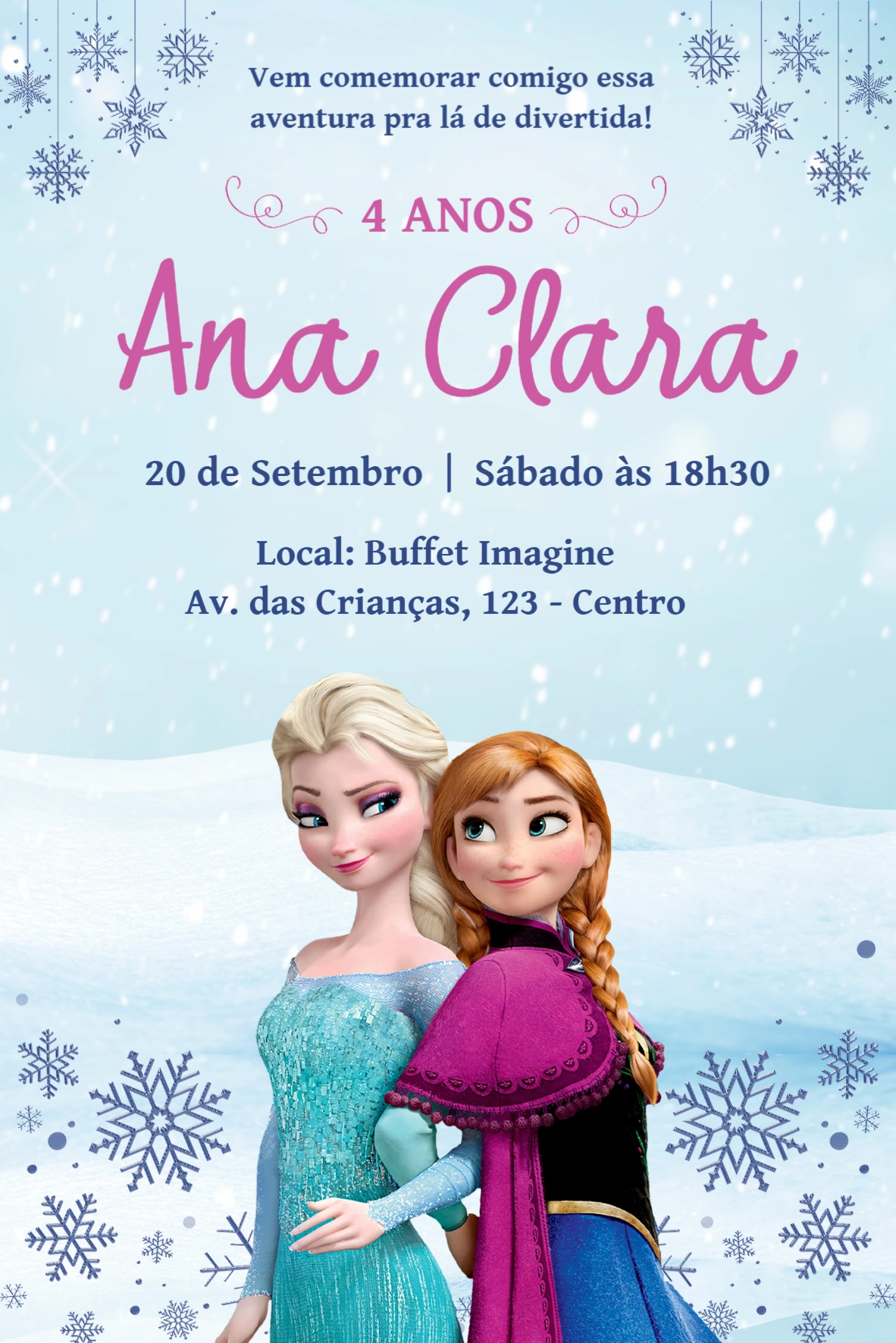 Convite de Aniversário Frozen com Elsa e Anna para Editar Online