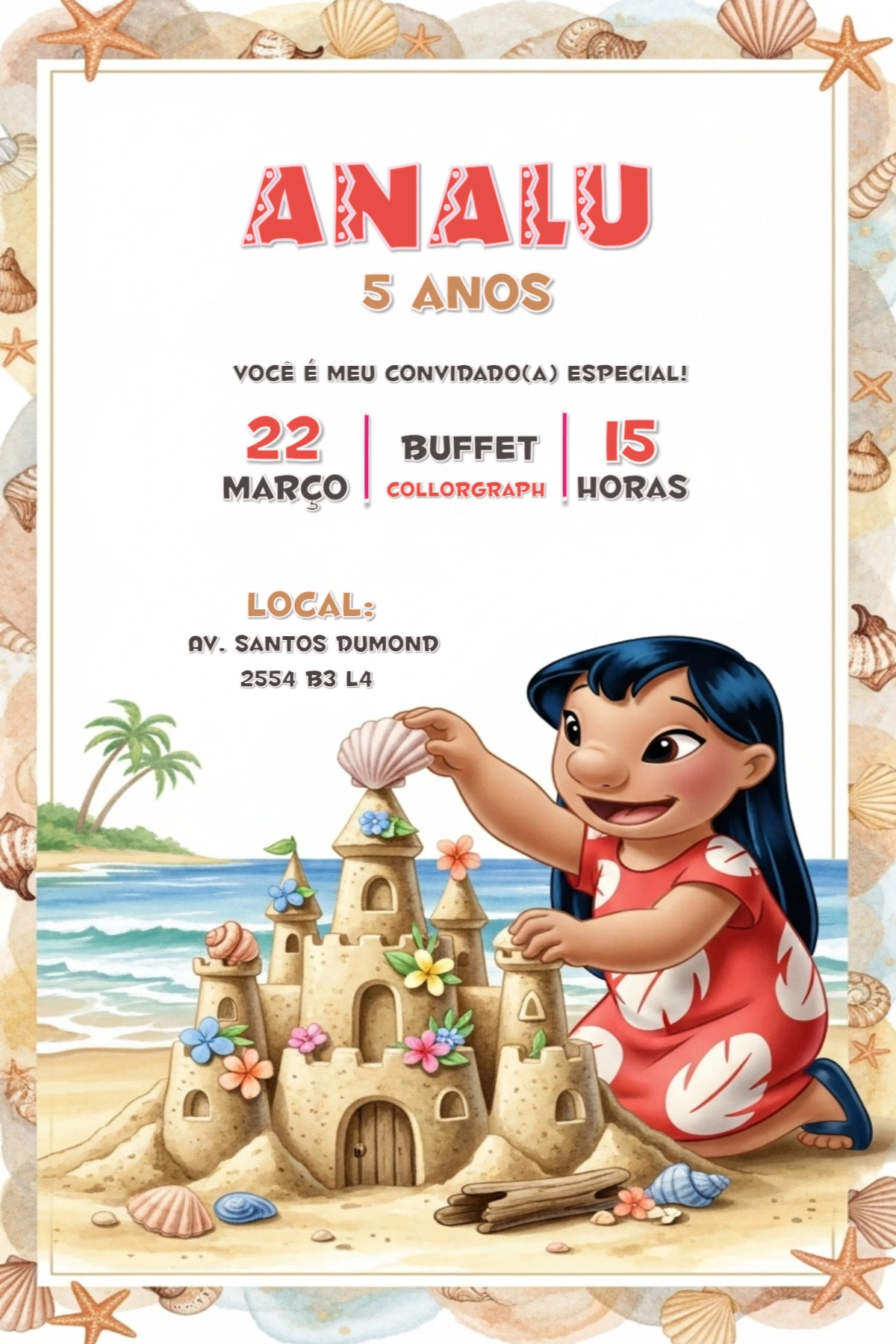 Convite de Aniversário Lilo e Stitch na Praia para Editar