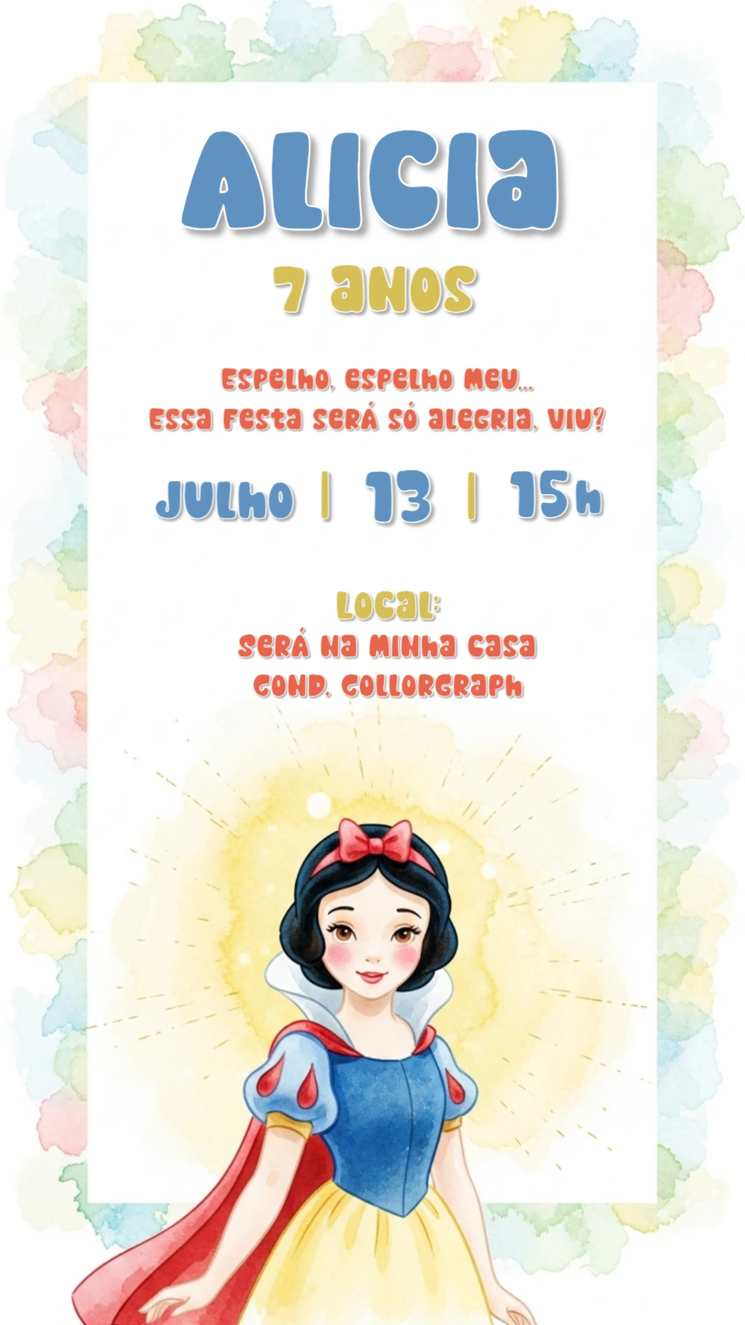 Convite Aniversário Branca de Neve para Editar Online