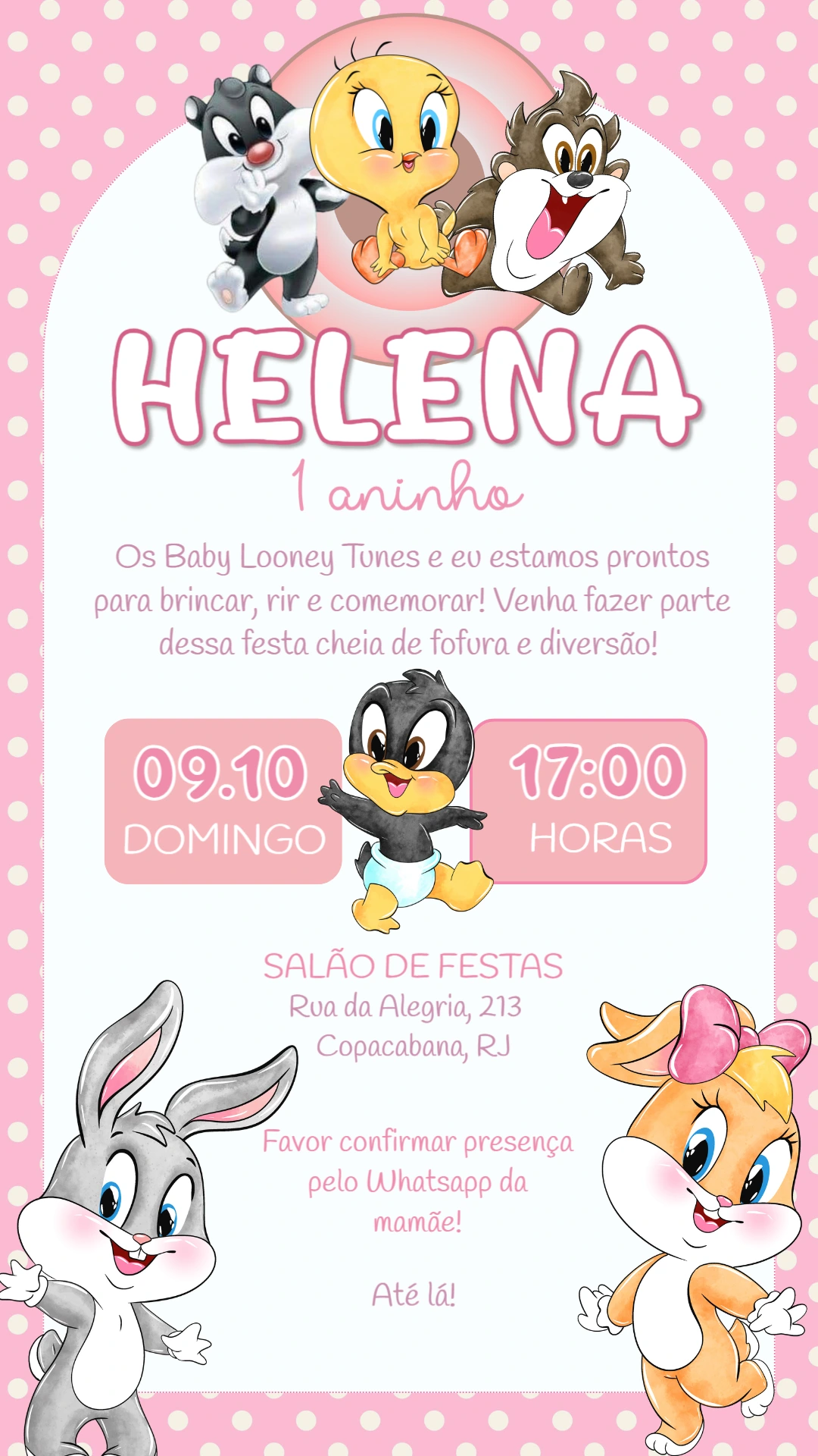 Convite Aniversário Baby Looney Tunes para Editar Online