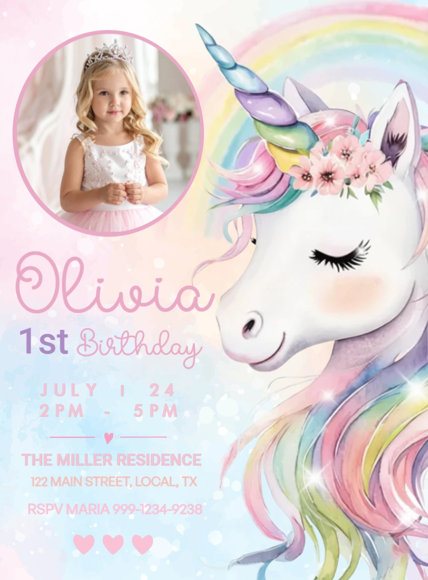 Magical Unicorn 1st Birthday Invitation Editable Template