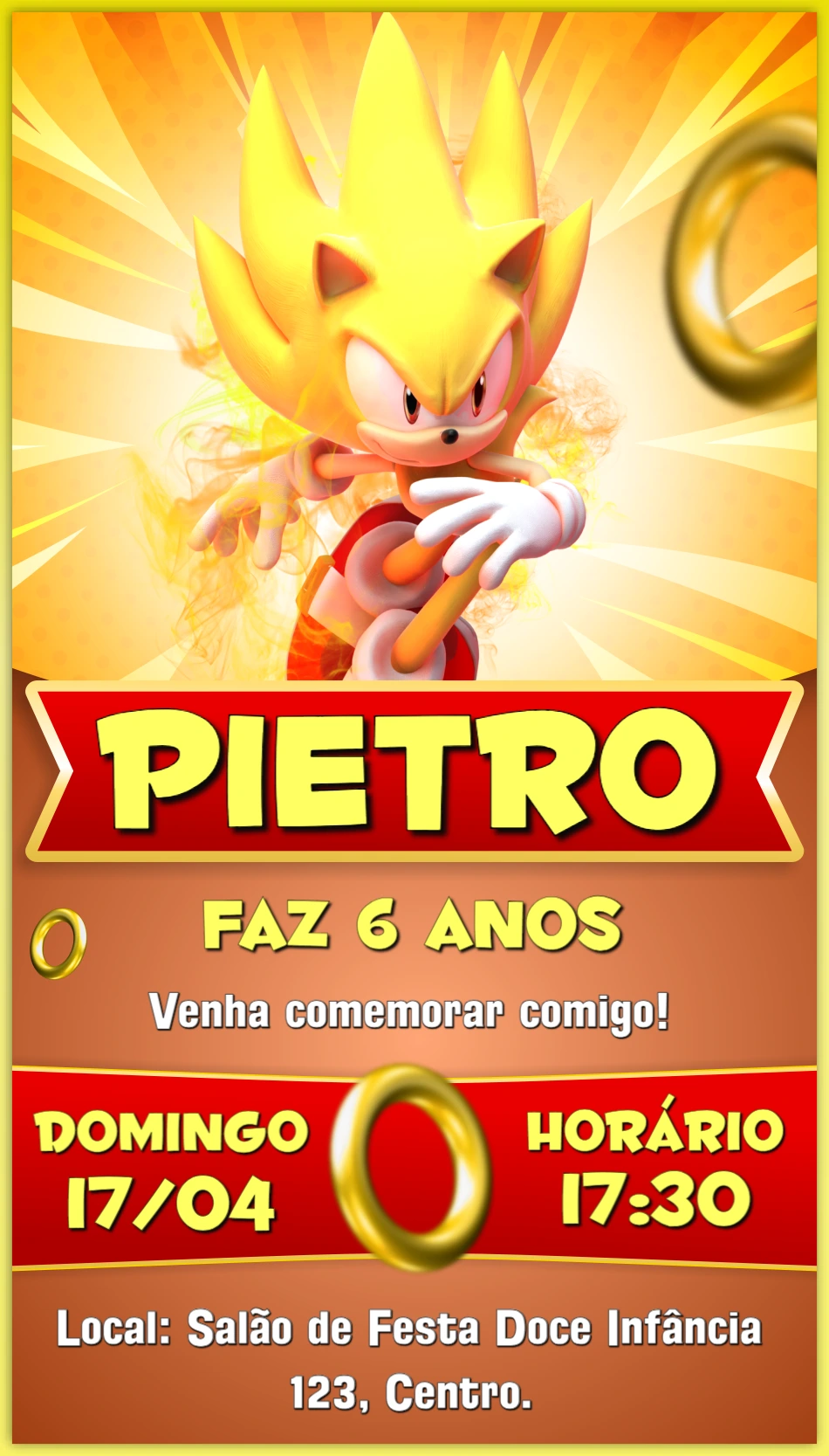Convite de Aniversário Super Sonic para Editar Online