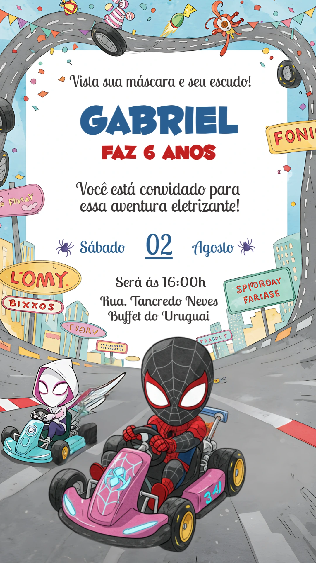 Convite Aniversário Homem-Aranha Corrida para Editar Online