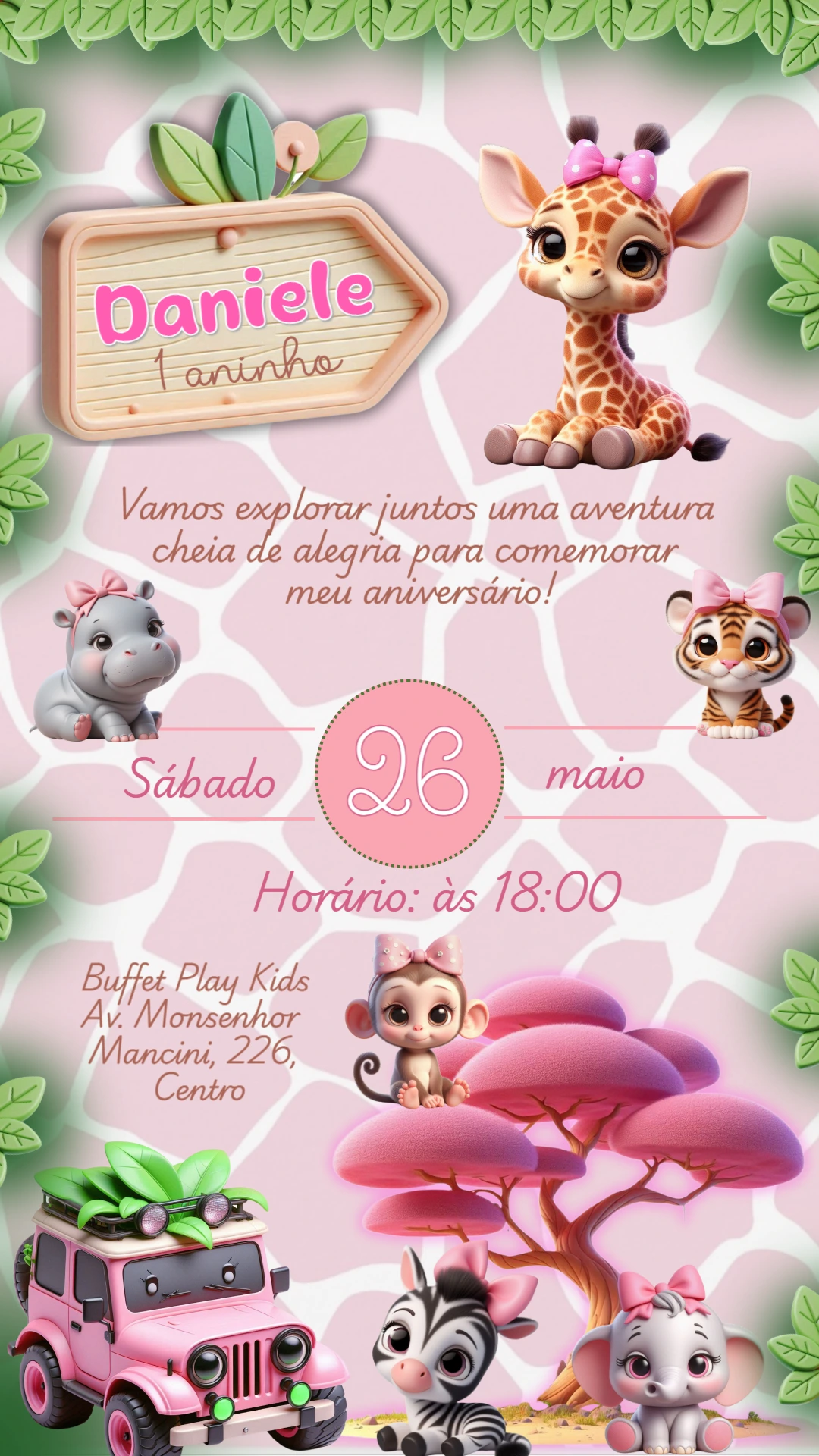 Convite de Aniversário Safari Rosa com Bichinhos para Editar