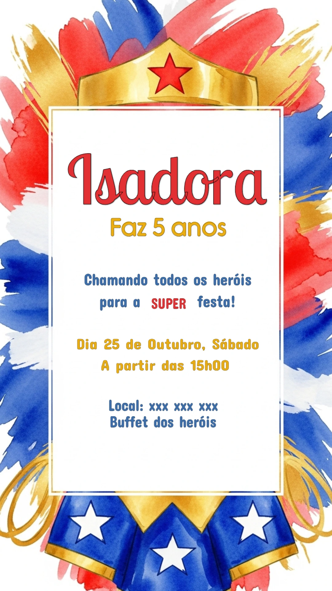 Convite Aniversário Mulher Maravilha para Editar Online