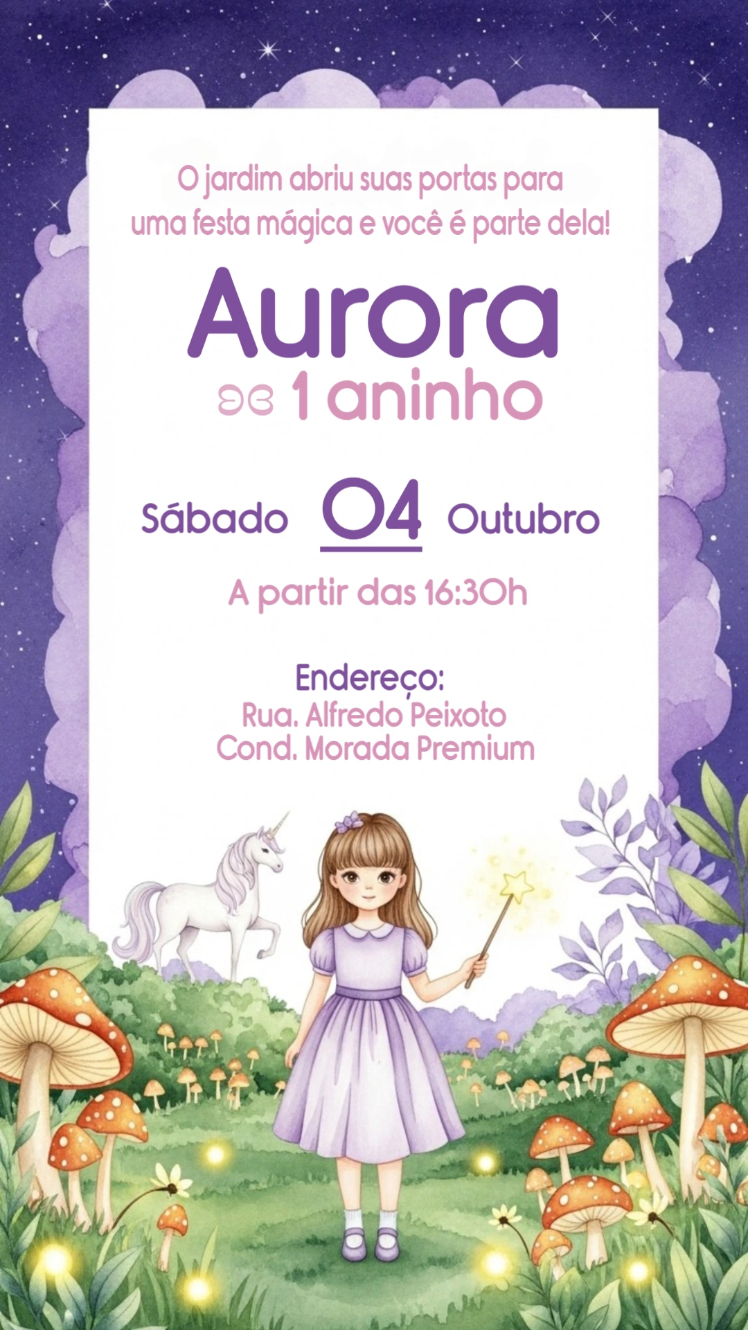 Convite Jardim Encantado com Fada e Unicórnio para Editar Online