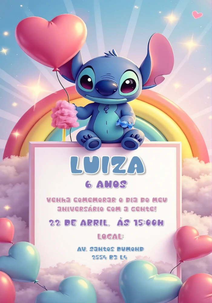 Convite Aniversário Stitch Fofo com Arco-Íris para Editar Online