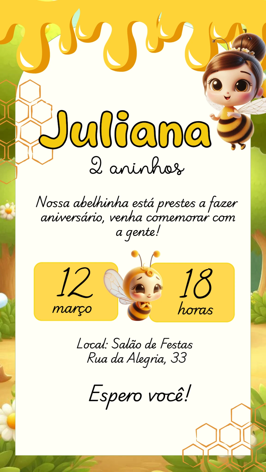 Convite Aniversário Abelhinha Fofa para Editar Online