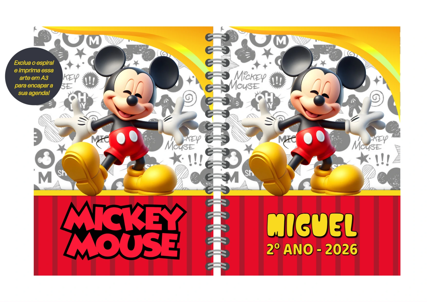 Capa de Agenda Mickey Mouse para Editar e Imprimir Online