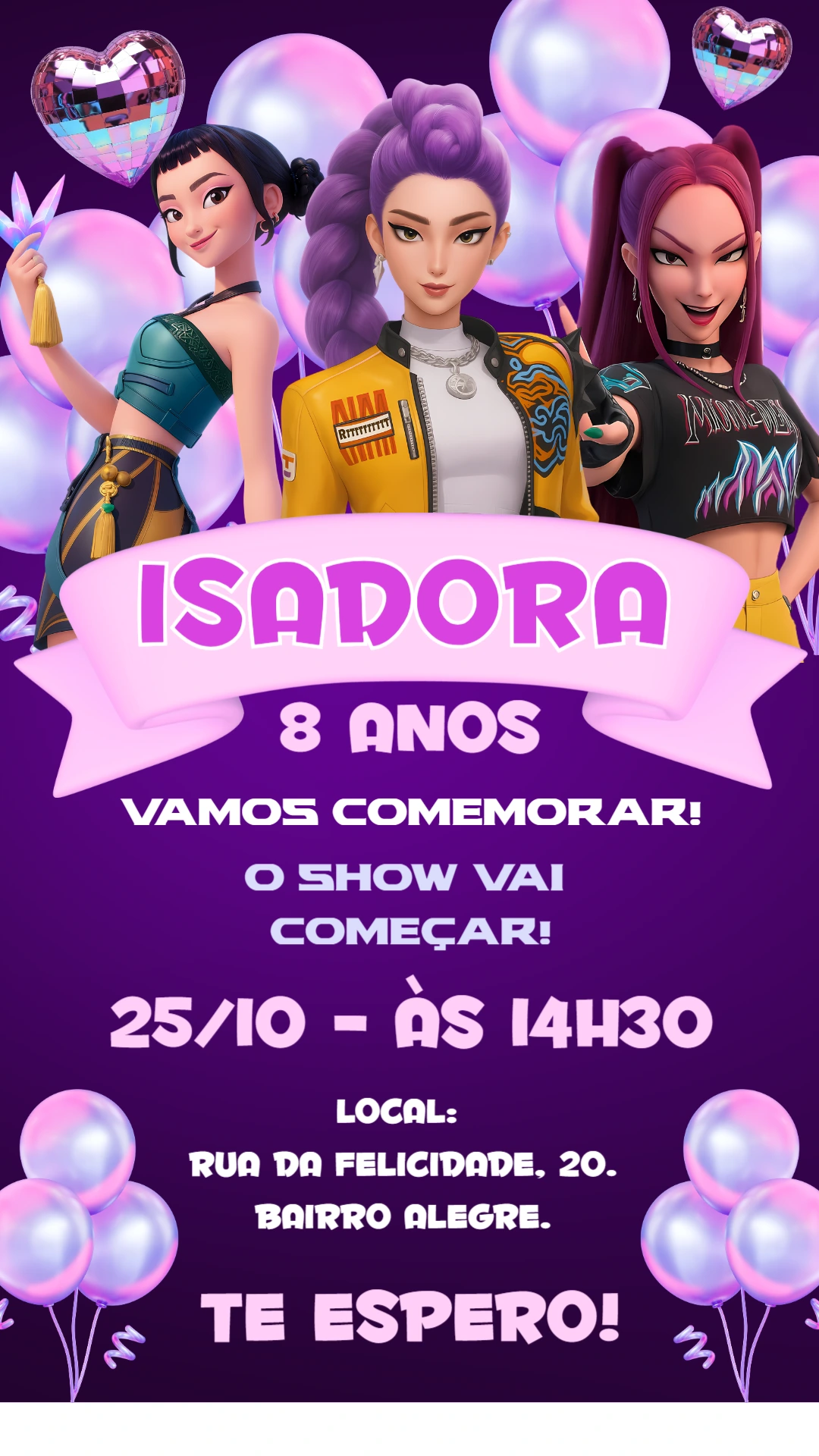 Convite de Aniversário K-Pop Guerreiras para Editar Online
