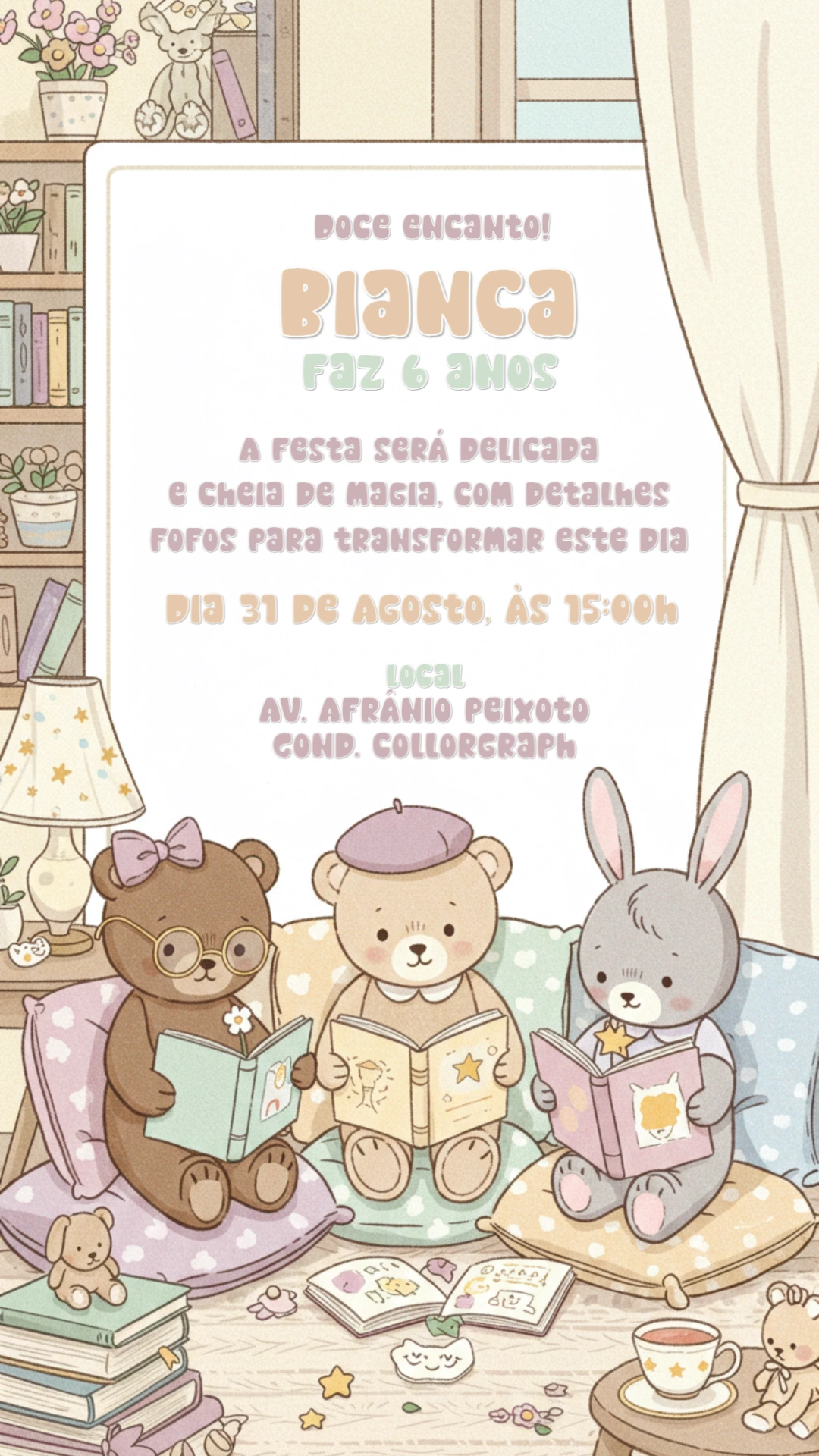 Convite Aniversário Ursinhos Fofos Lendo para Editar Online