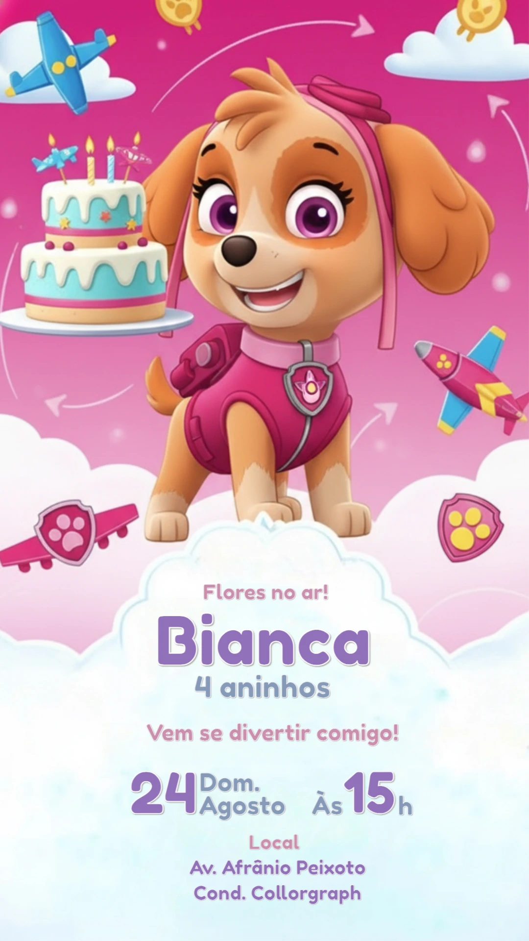 Convite de Aniversário Patrulha Canina Skye Rosa para Editar