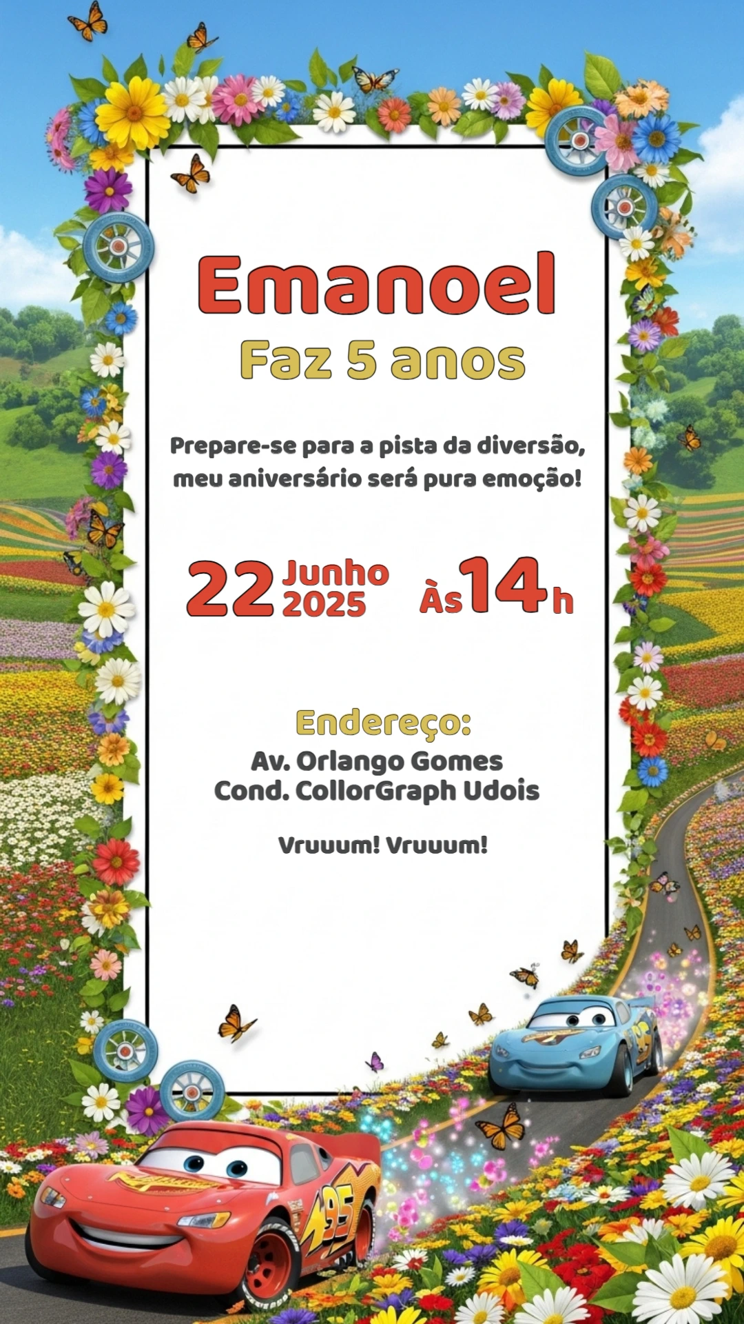 Convite de Aniversário Carros Mcqueen com Flores para Editar