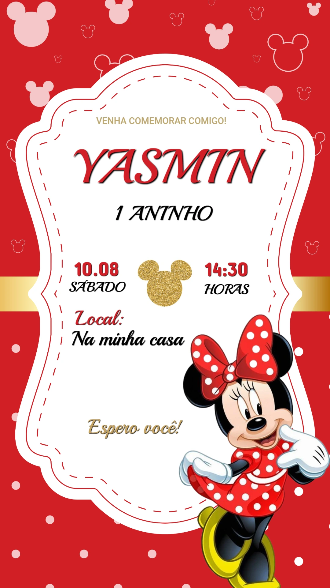 Convite de Aniversário Minnie Vermelha Clássica para Editar