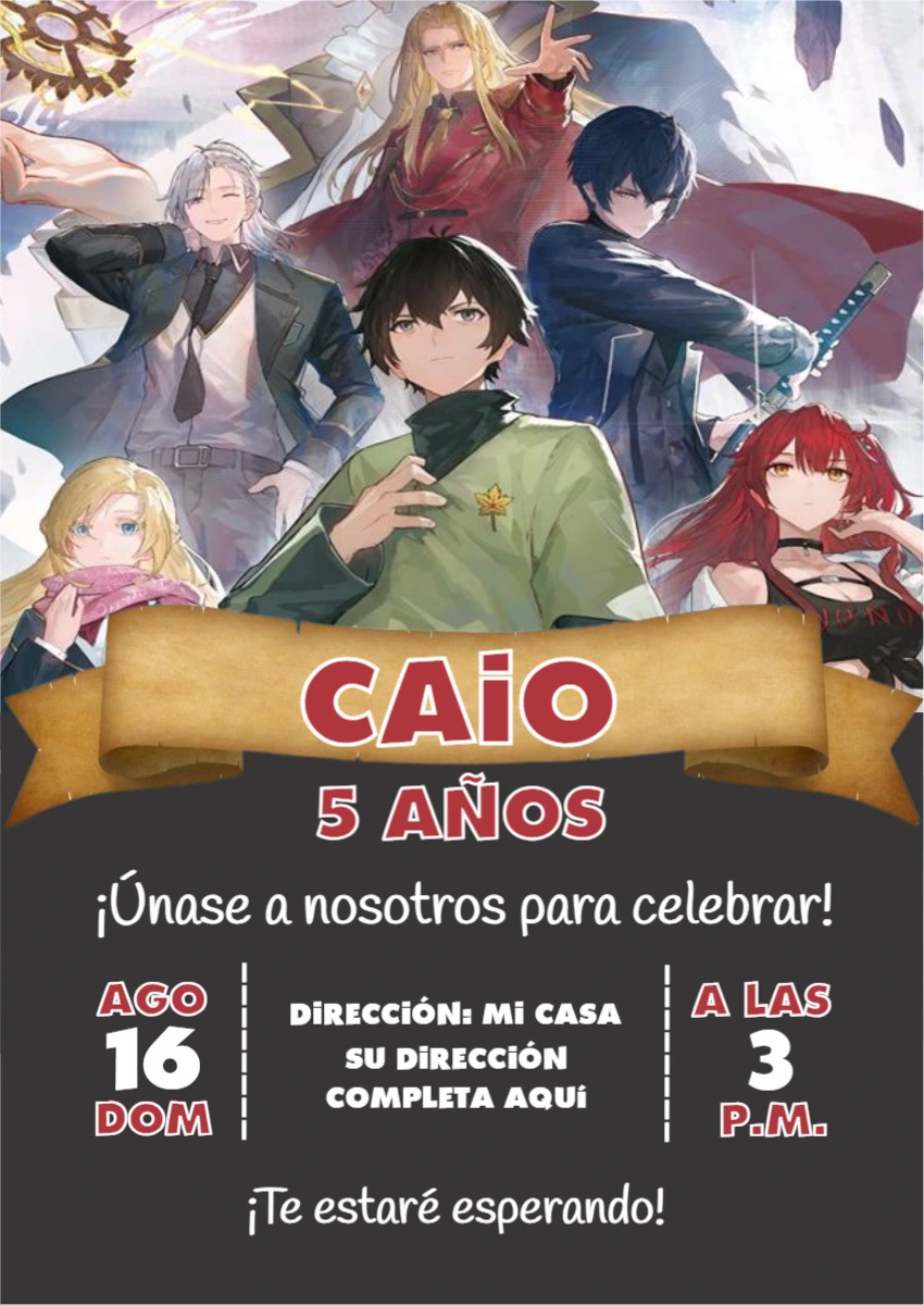 Invitación de Cumpleaños Estilo Anime Fantasía para Editar