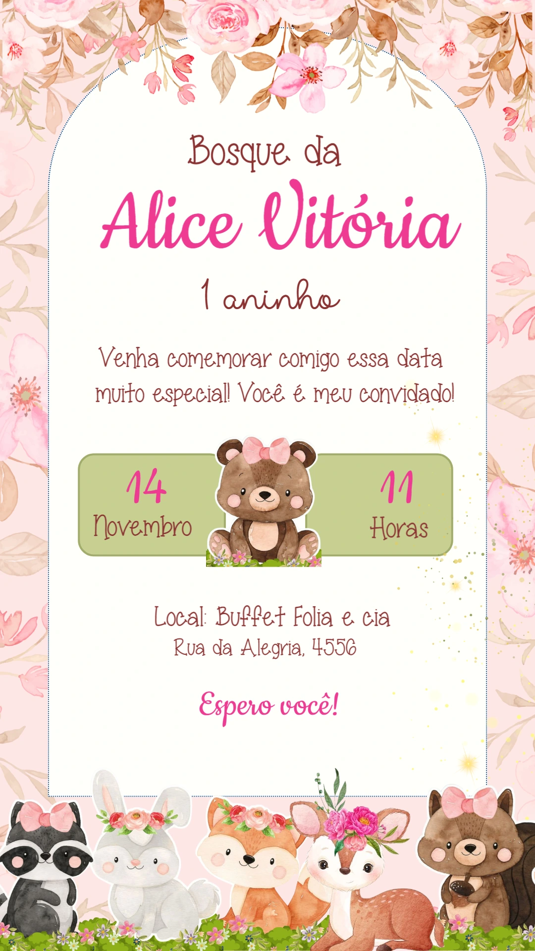 Convite Aniversário Bosque Encantado com Animais para Editar