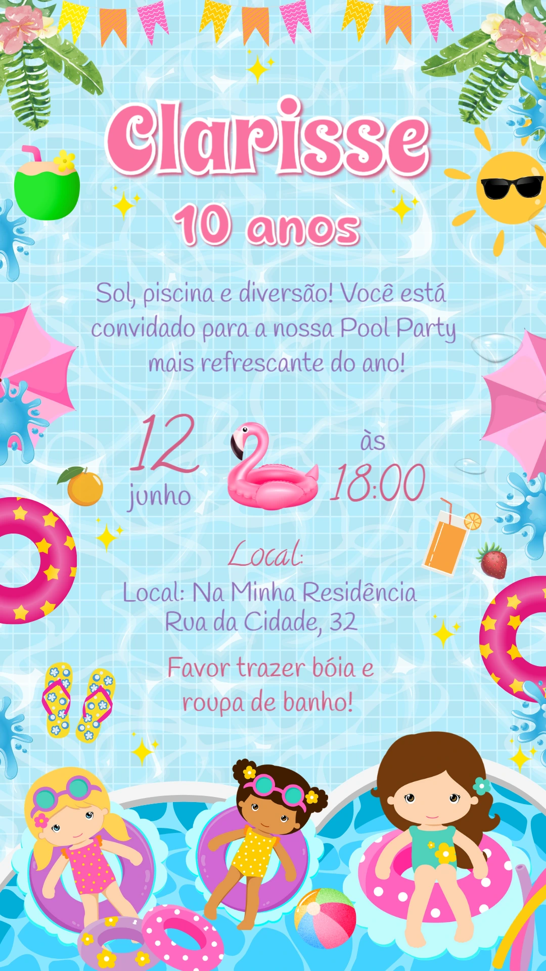Convite Aniversário Pool Party Meninas para Editar Online