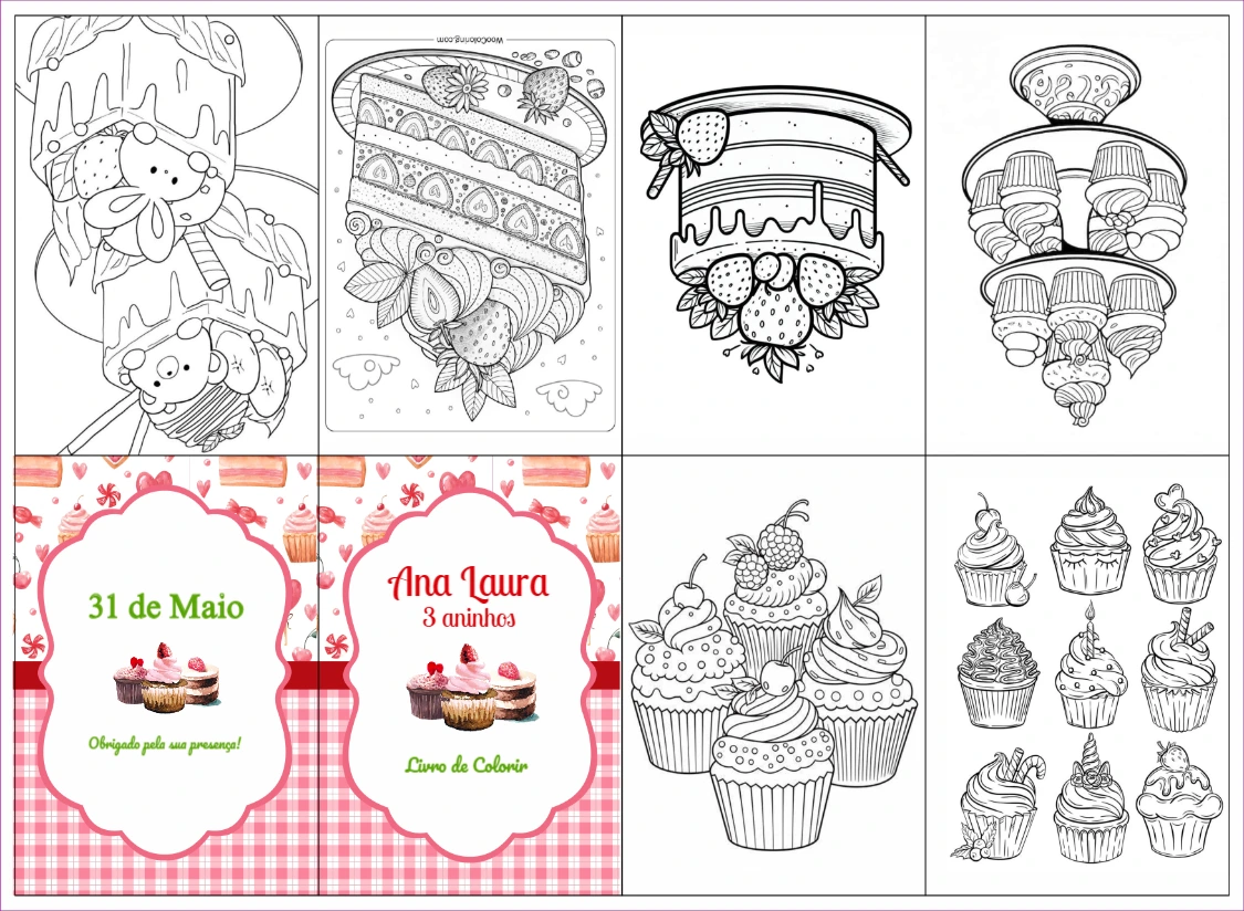 Kit de Desenhos de Bolinhos para Colorir e Editar Online