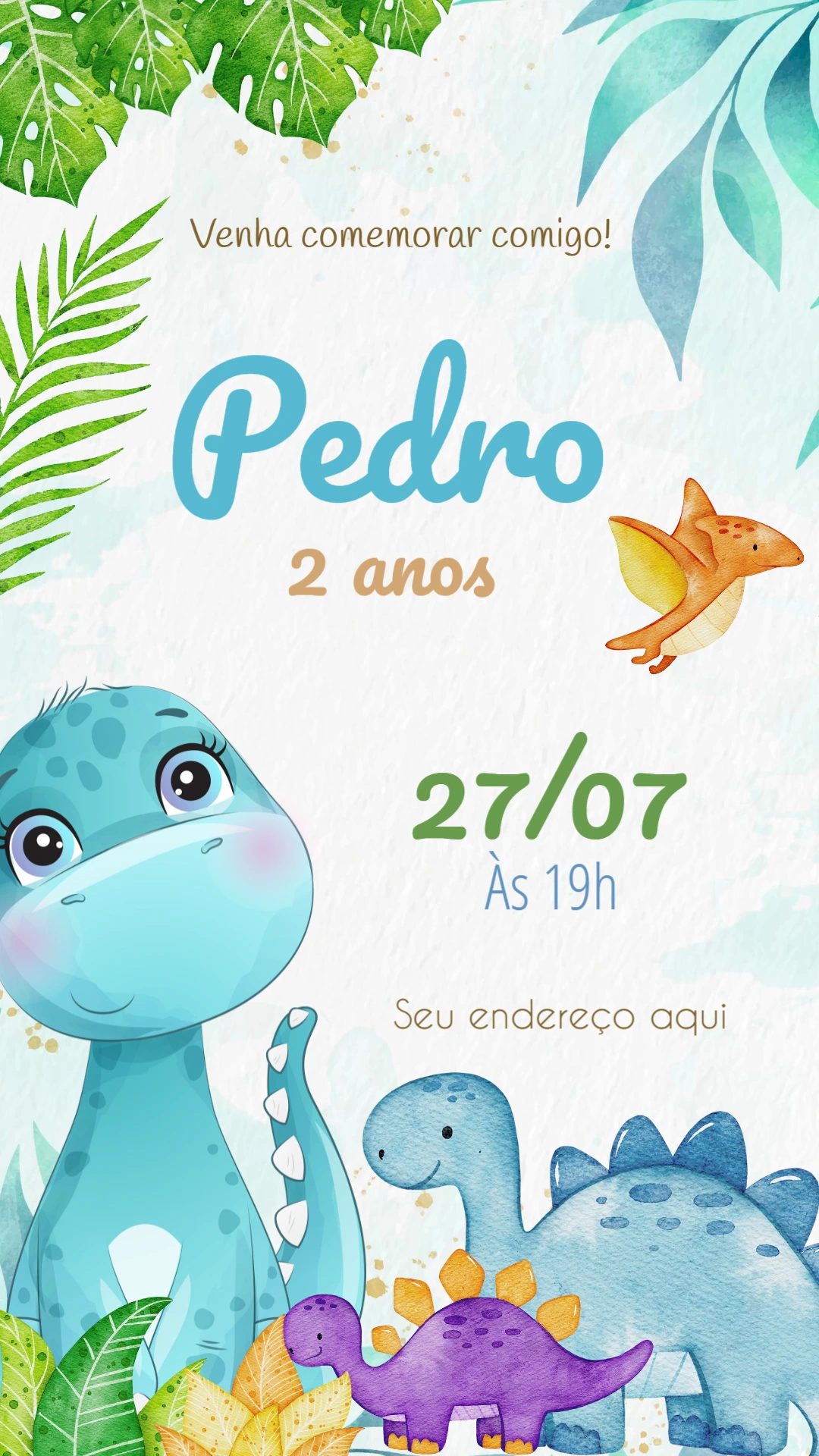 Convite Aniversário Dinossauro Baby Fofo para Editar Online