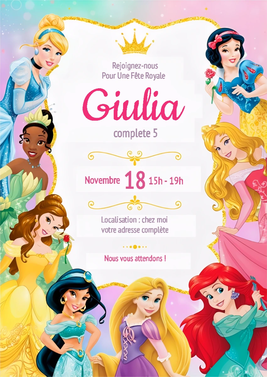 Invitation Anniversaire Princesses Disney à Modifier en Ligne