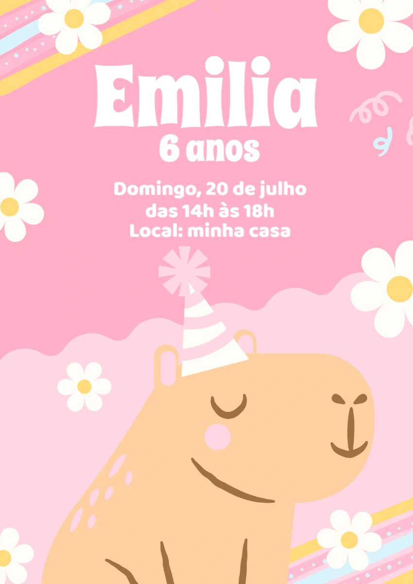 Convite Aniversário Capivara Fofa para Editar Online