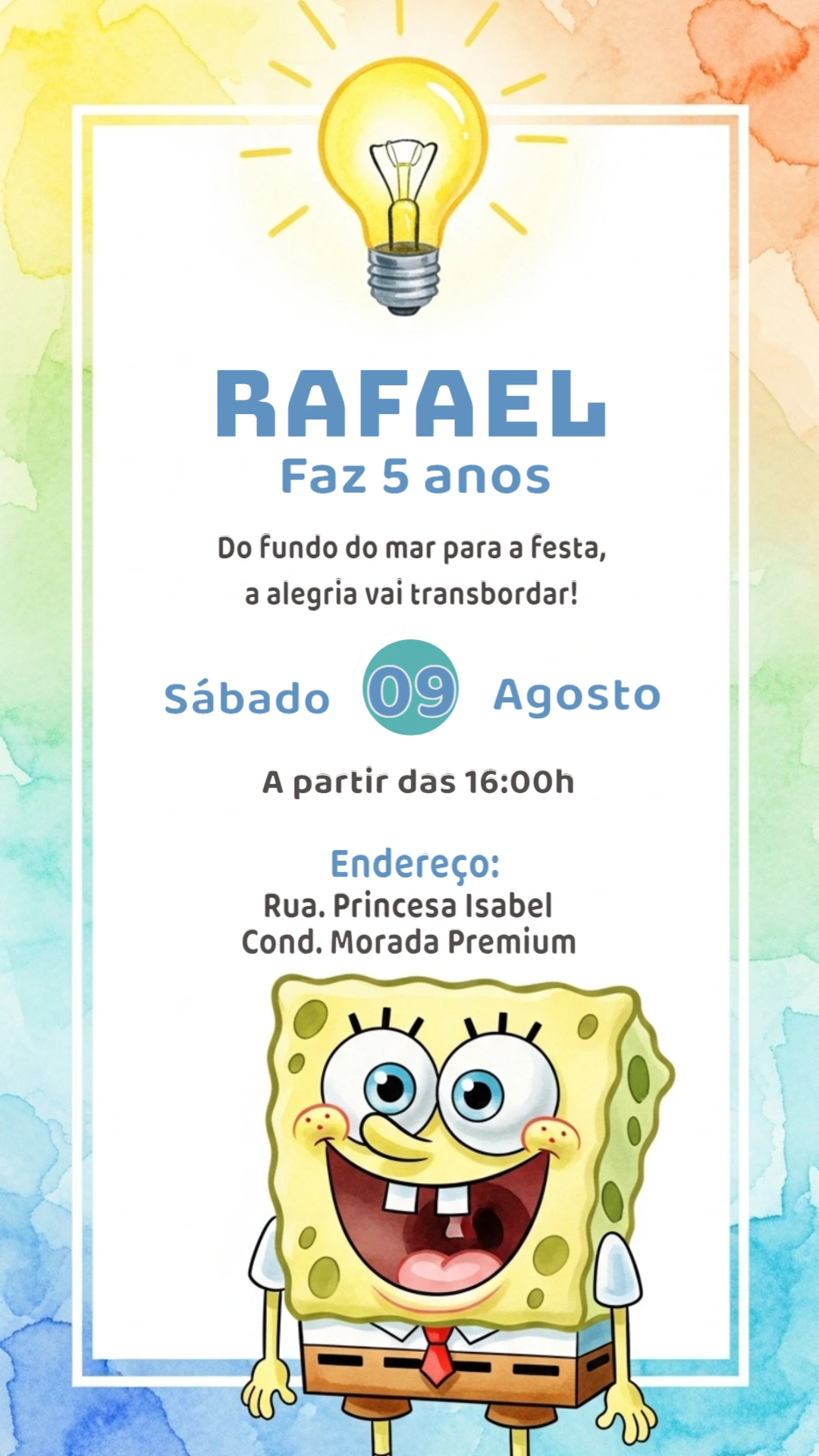 Convite de Aniversário Bob Esponja para Editar Online