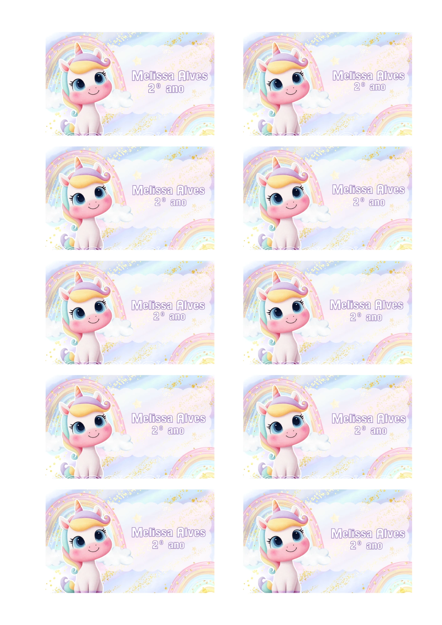 Etiqueta Escolar Unicórnio Fofo com Arco-Íris para Editar