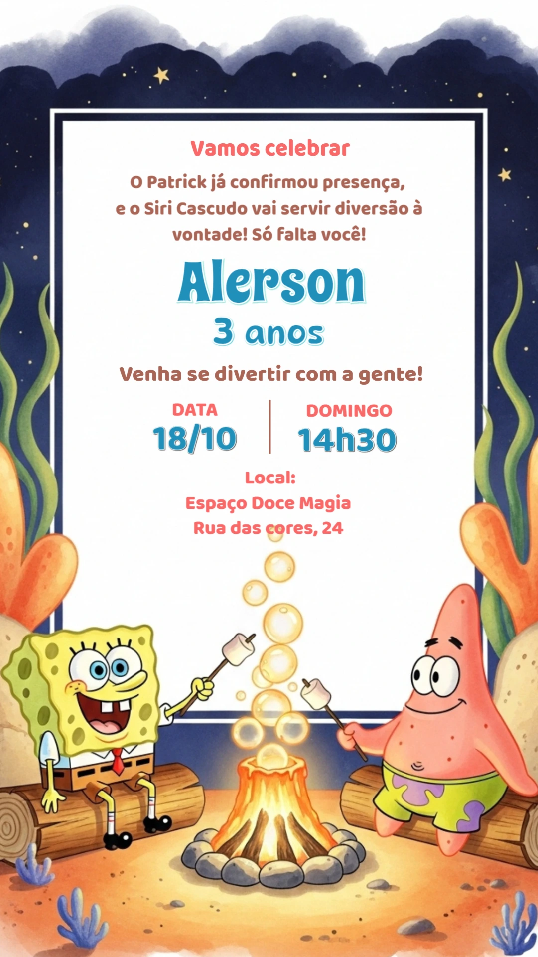 Convite Aniversário Bob Esponja e Patrick para Editar Online
