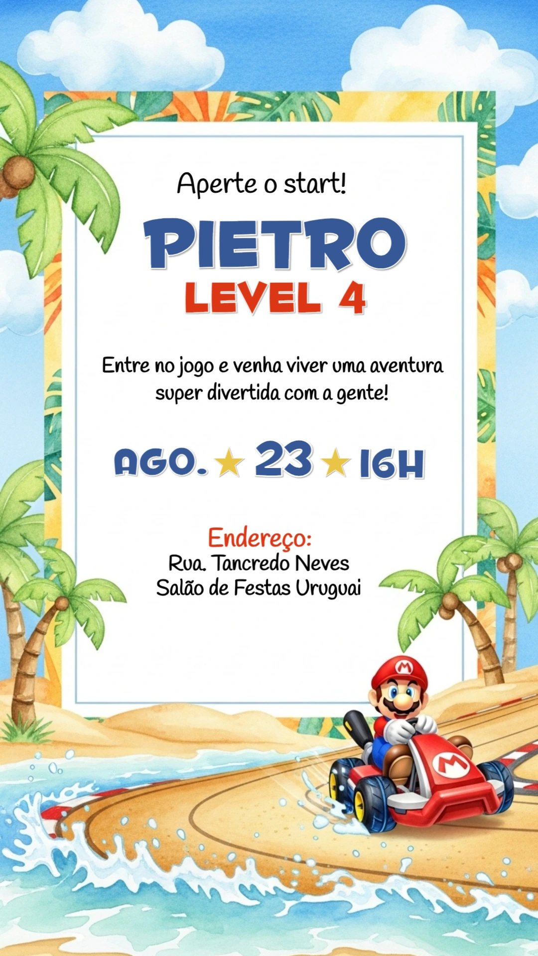 Convite de Aniversário Super Mario Kart para Editar Online