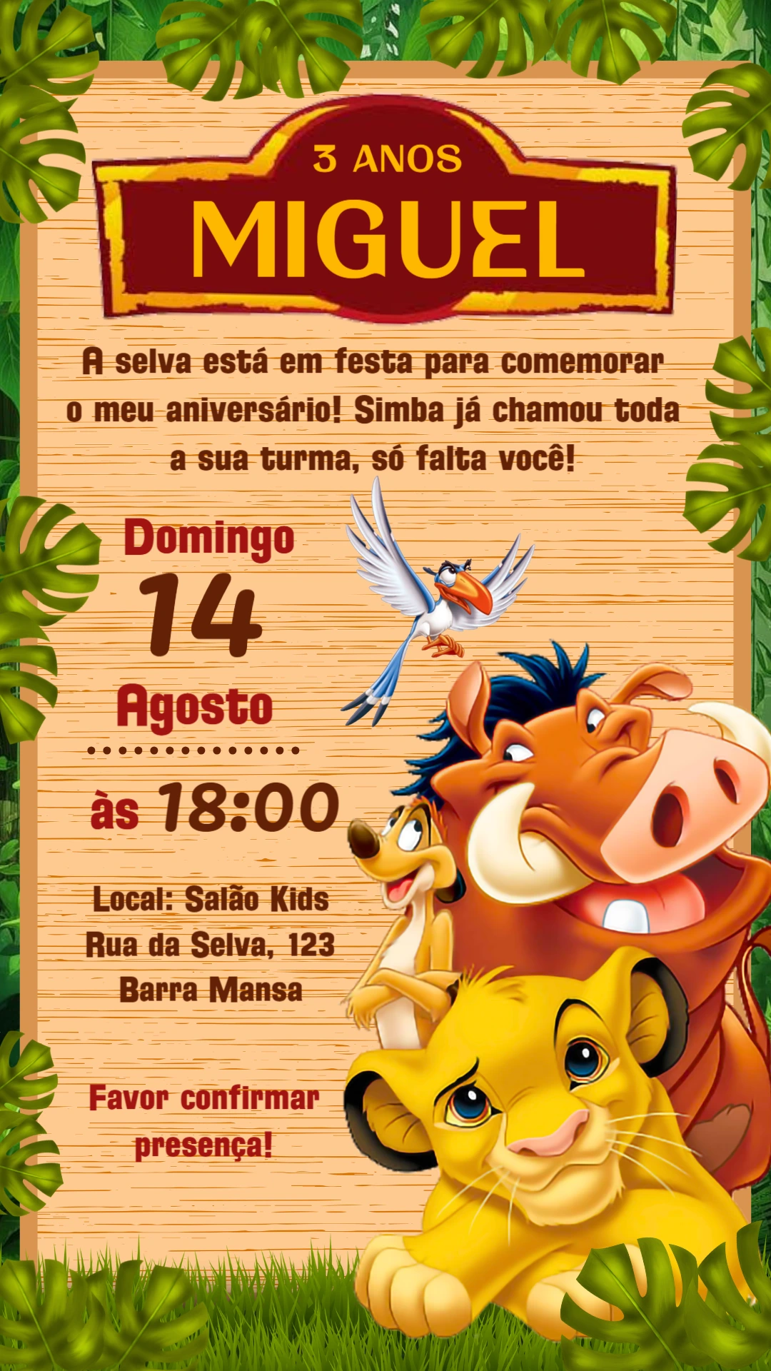 Convite de Aniversário Rei Leão com Personagens para Editar