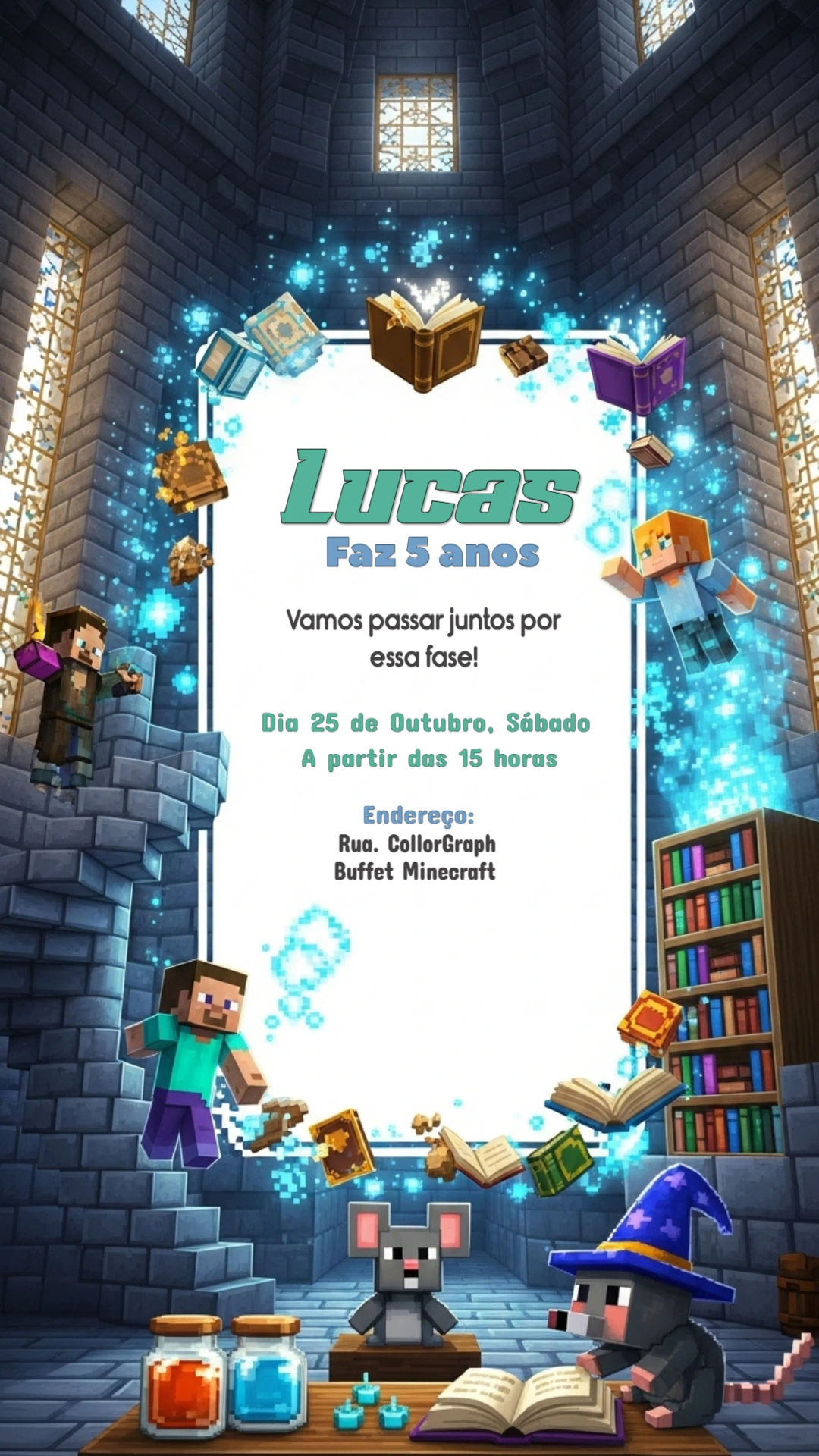 Convite de Aniversário Minecraft Mágico para Editar Online